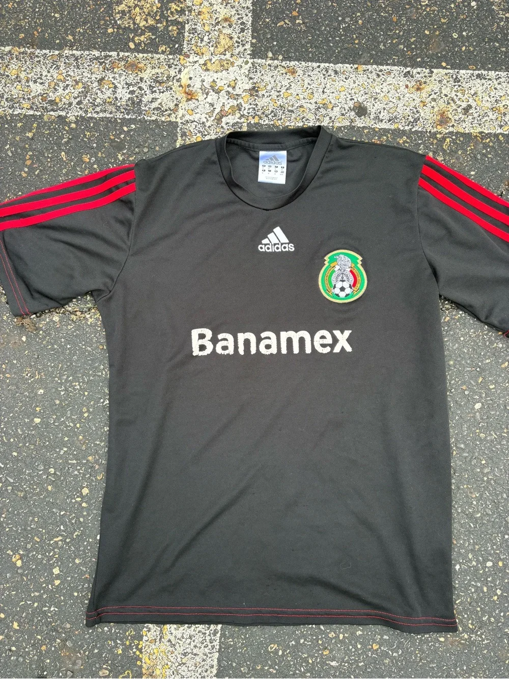 adidas Black Soccer Jersey with Red Stripes and Mexico Crest